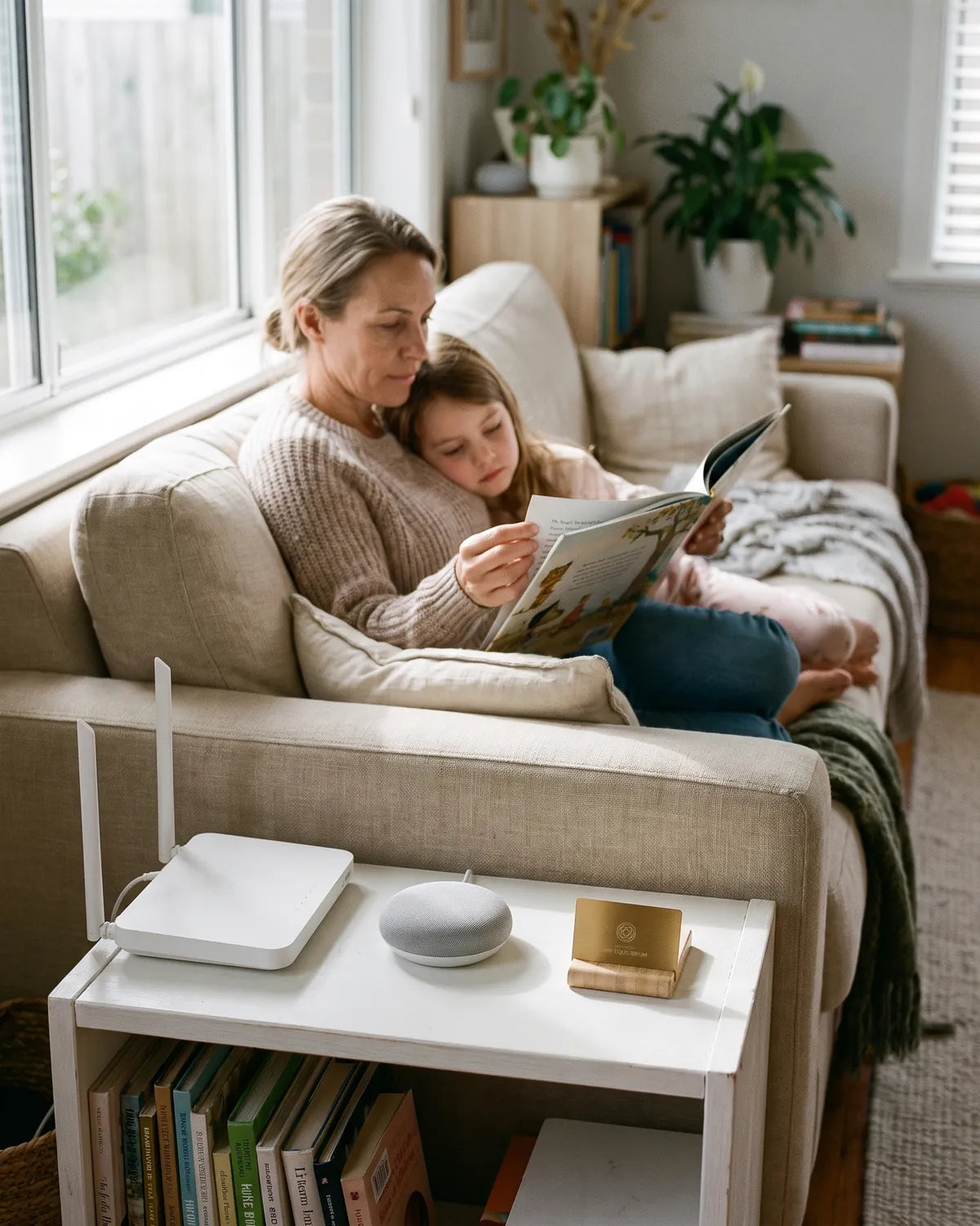 Mother and daughter reading on the sofa, a Harmoni EMF card on the side table beside the WiFi router