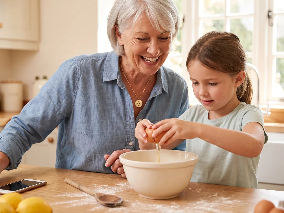 Grandmother wearing a gold Harmoni Pendant, baking with her granddaughter