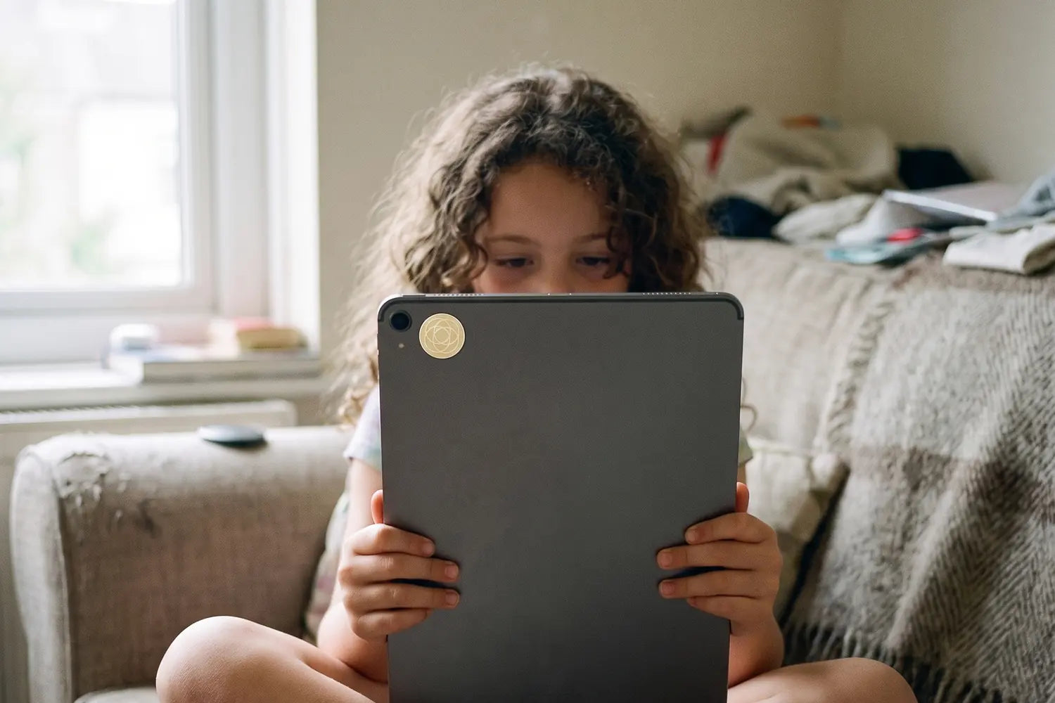 Girl on the sofa reading on a tablet with a gold Harmoni sticker by the camera