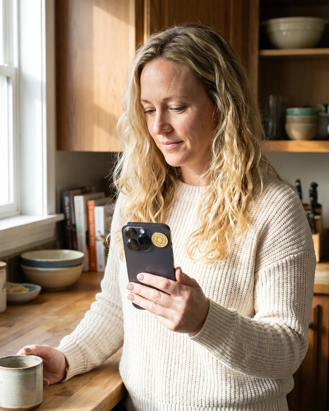 Woman in her kitchen holding her phone, a gold Harmoni sticker on the back below the camera