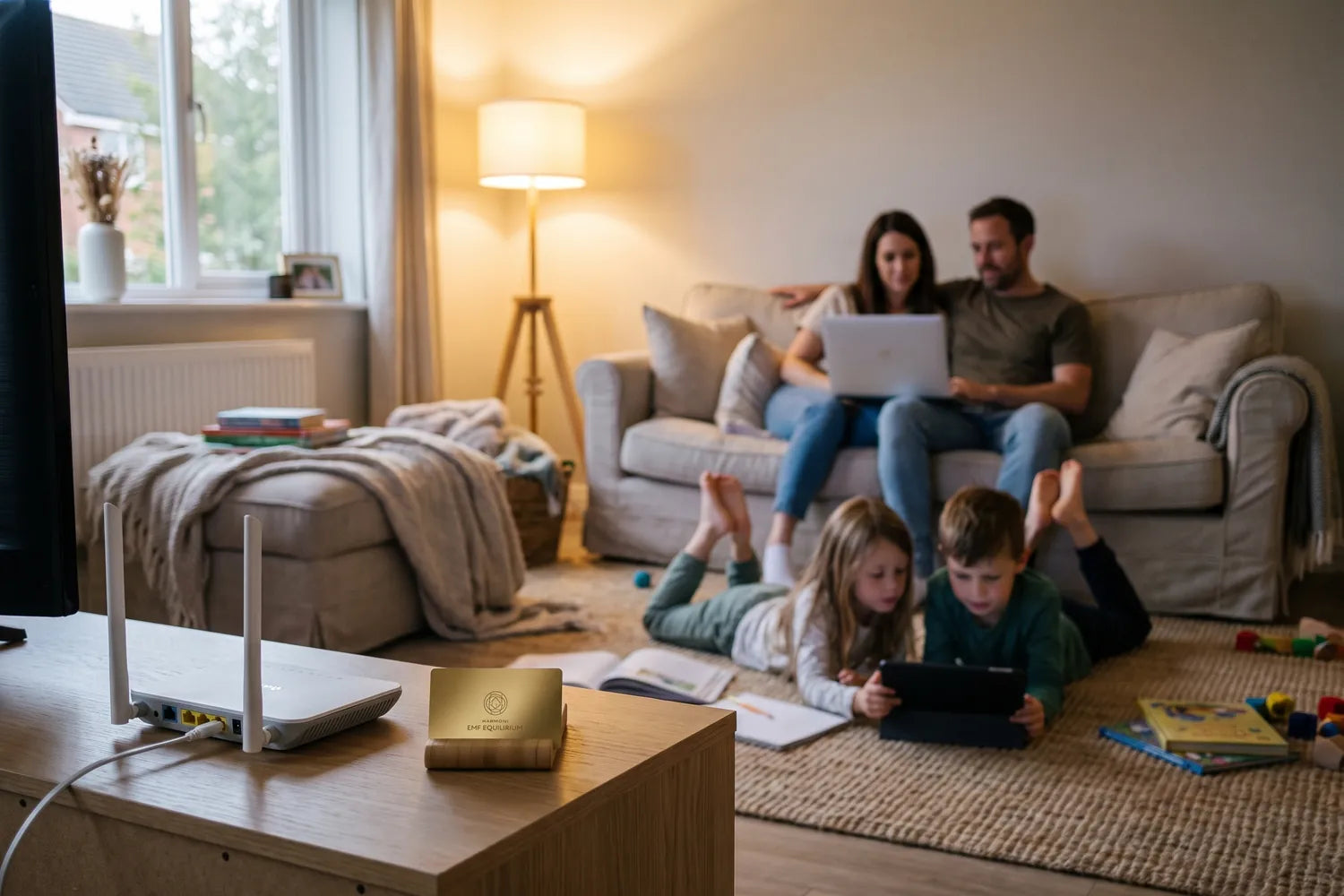 Family relaxing in the living room with their devices, a Harmoni EMF card on the console