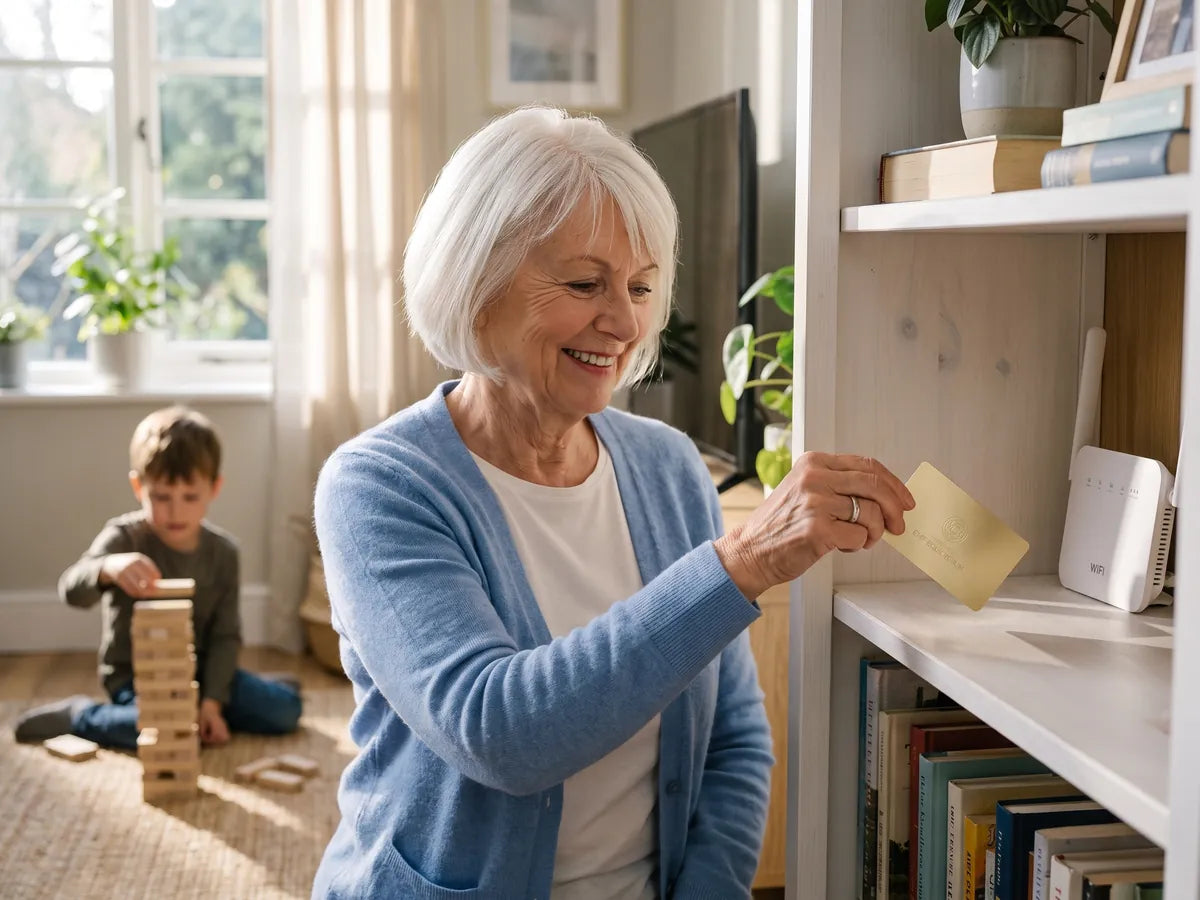 Grandmother placing a Harmoni EMF card on a bookshelf by the WiFi router while her grandson plays