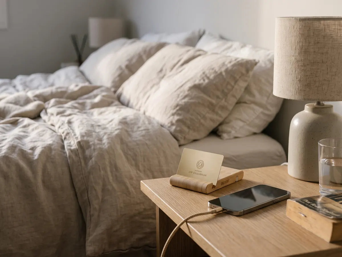 Harmoni EMF card in its stand on a bedroom nightstand next to a charging phone