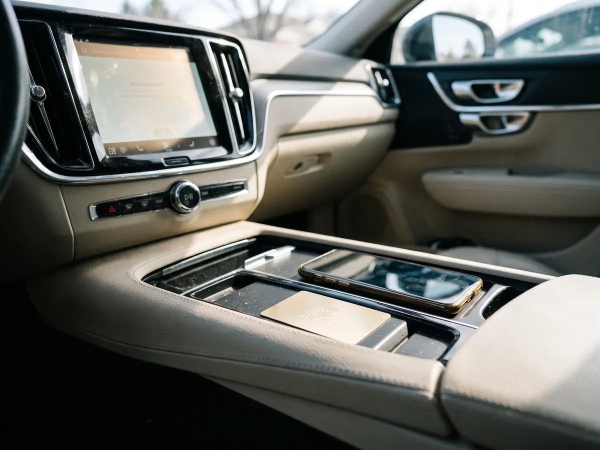 Harmoni EMF card in a car center console beside a phone on the charging pad