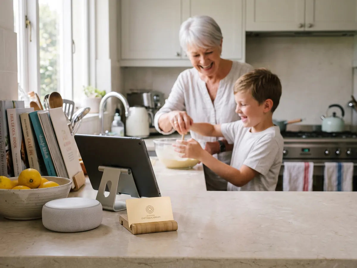 Grandmother and grandson baking, a Harmoni EMF card on the kitchen counter
