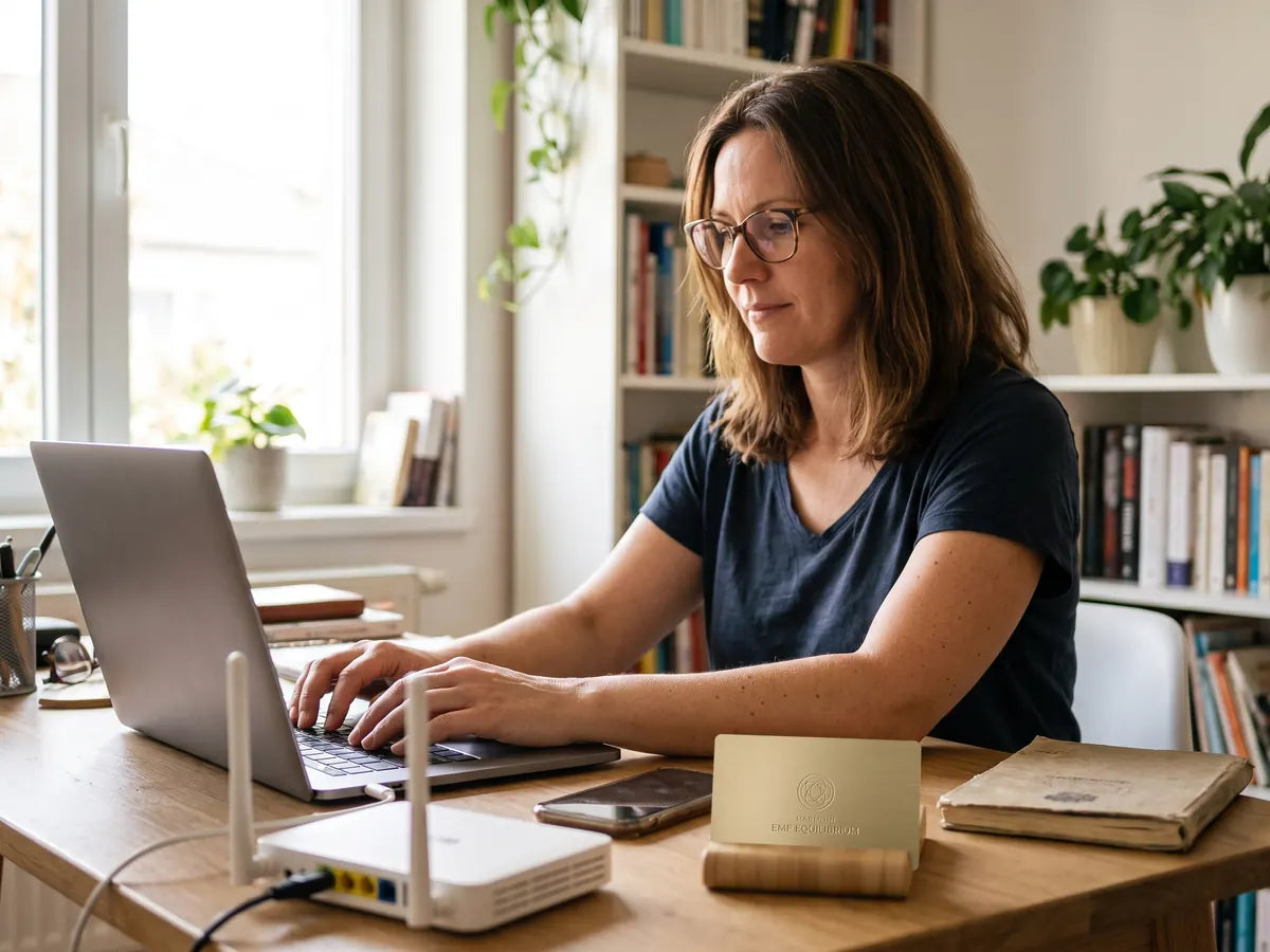 Woman working on her laptop, a Harmoni EMF card on the desk beside the router