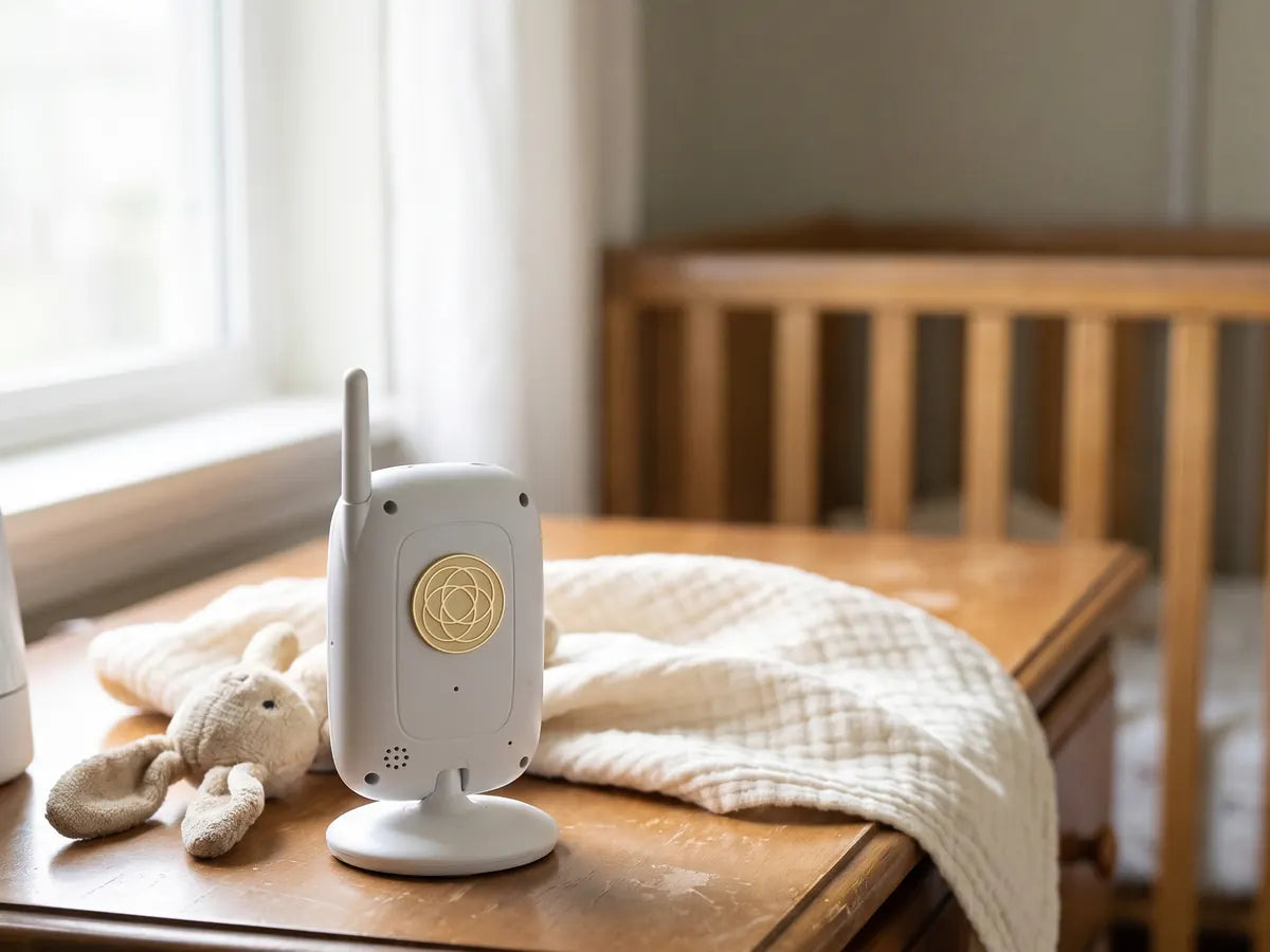 Baby monitor on a nursery dresser with a gold Harmoni sticker on the back