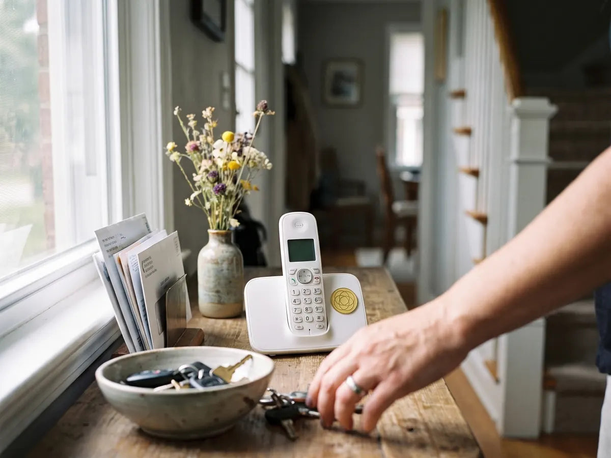 Cordless phone on its charging base with a gold Harmoni sticker